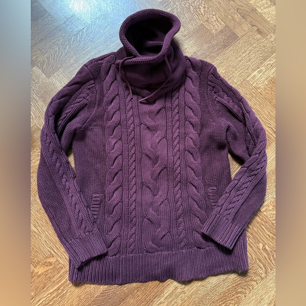 LL BEAN Signature Cotton Cable Knit Fisherman’s Sweater Funnelneck Burgundy M